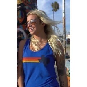 Aviator Nation Blue Tank Top with Rainbow Stripe